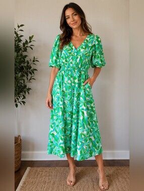 BEME Viscose Blend Green Leaf-Print V-Neck Puff Slvs Midi/Maxi Dress 18 NEW